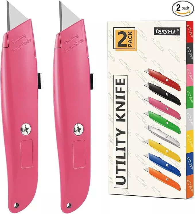 DIYSELF 2Pack Utility Box Cutter Retractable Blade Heavy Duty, Box Opener for Boxes and Cartons, Aluminum Shell, Cardboard Cutter Knife (Pink)