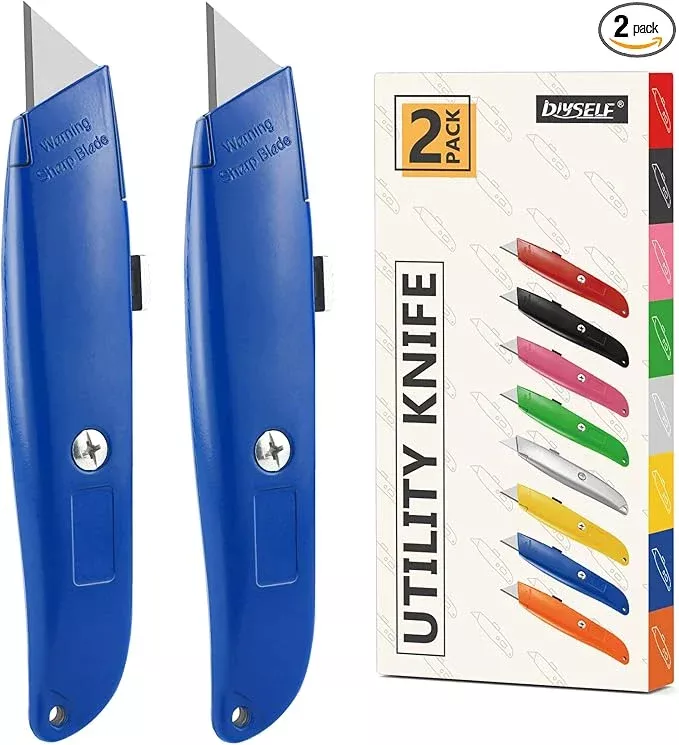 DIYSELF 2Pack Utility Knife Box Cutter Retractable Blade Heavy Duty(Blue)
