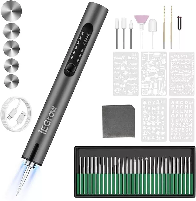 Electric Engraving Pen with Light, Mini DIY Electric Etching Machines with 44 Bits,USB Rechargeable Cordless Rotary Tool,Engraving Pen for Metal, Wood, Glass and Plastic,Dark Grey
