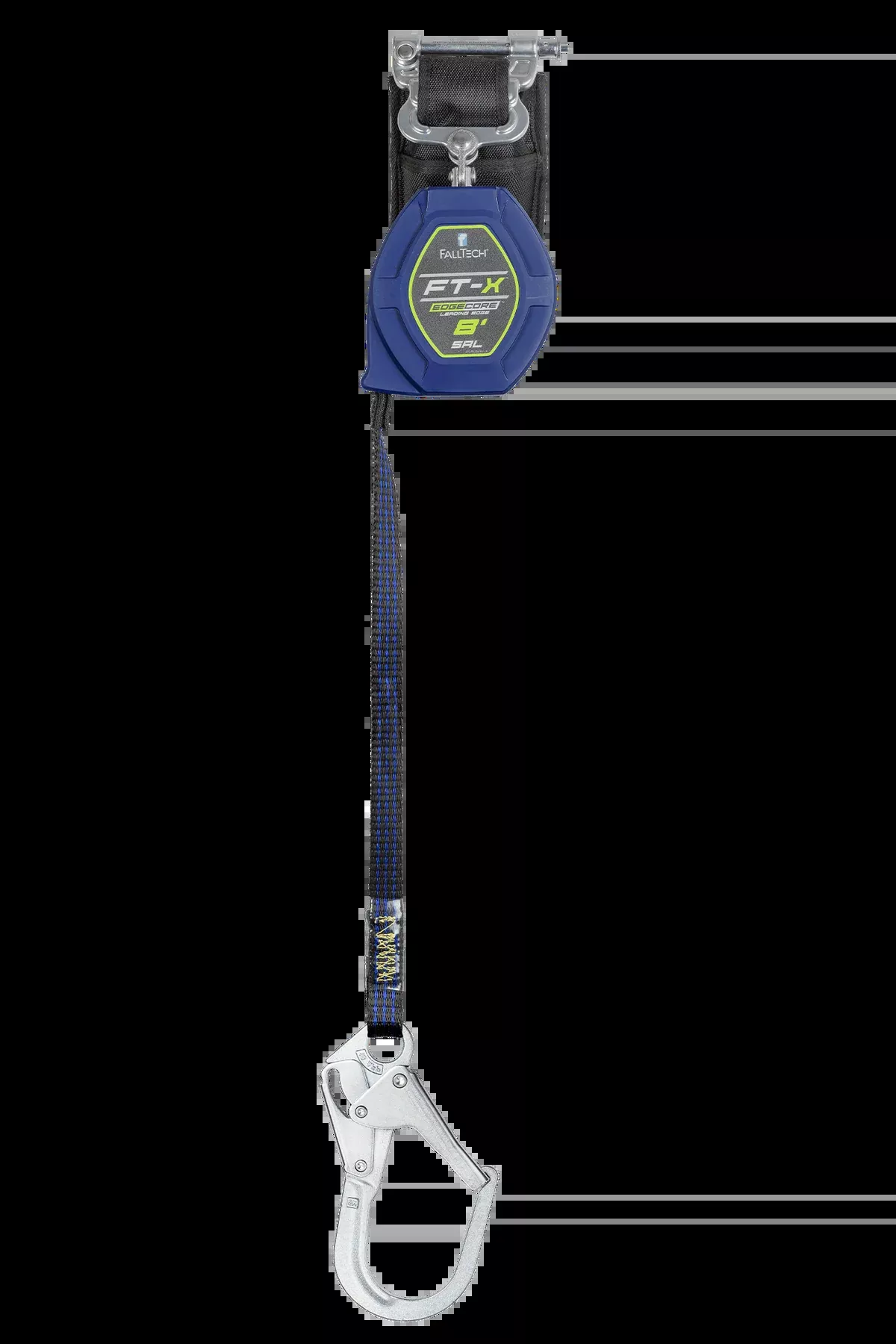 FALLTECH 8' FT-X™ EDGECORE™ Class 2 Leading Edge Personal SRL-P, Single-Leg w/ Steel Rebar Hook