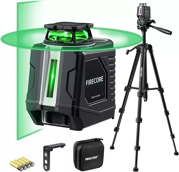 Firecore 360° Laser Level with Tripod, 100Ft Self Leveling Laser Level Green Cross Line Laser Leveler Tool for Picture Hanging Wall Tile Floor Construction, 60" Compact Tripod & Carry Pouch Included