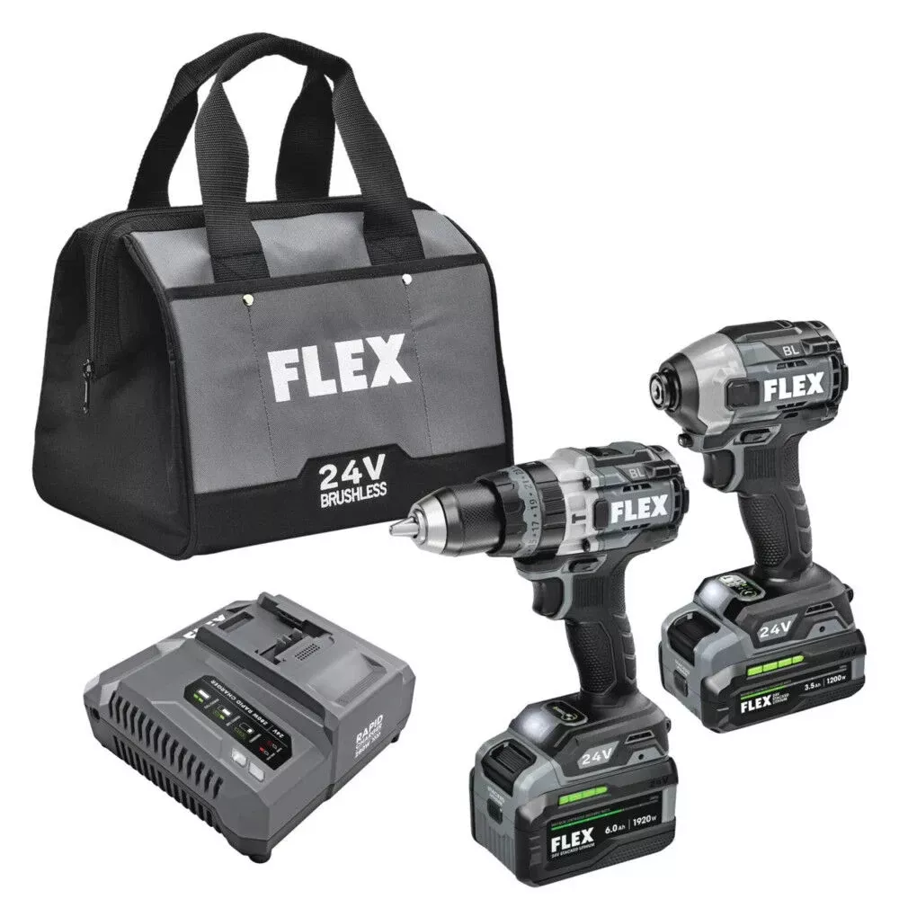 FLEX 24V 1/2" Hammer Drill and Impact Driver Combo Kit (3.5Ah/6.0Ah Stacked) FXM202-2G