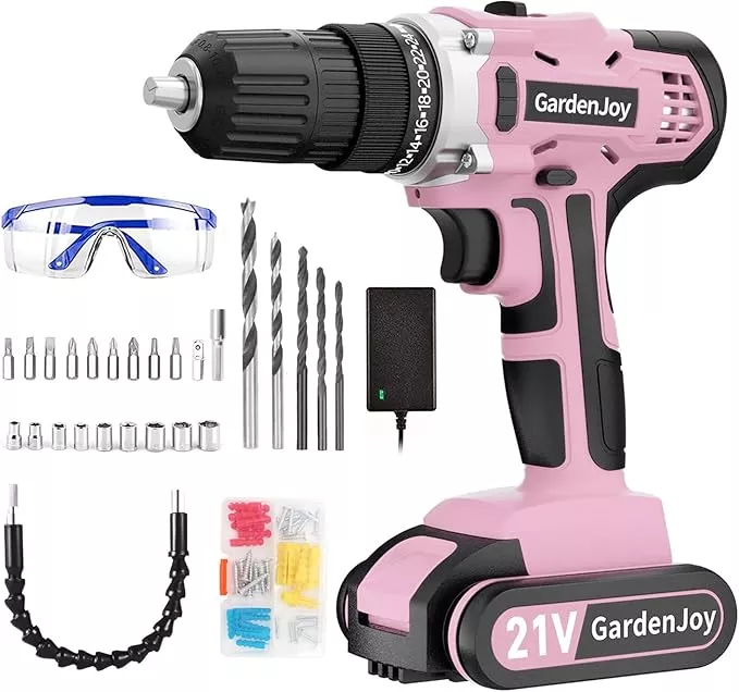 GardenJoy Cordless Power Drill Set - 21V Electric Drill Driver Kit with Battery and Fast Charger, 65pcs Acessories, 2 Variable Speed Control, 3/8-Inch Keyless Chuck and 24+1 Torque Setting