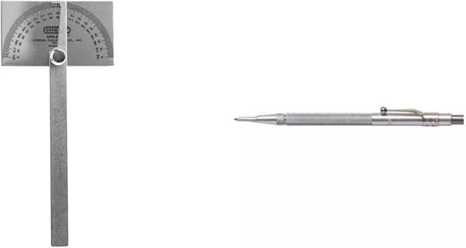 General Tools Angle Protractor #17 Stainless Steel Square Head + General Tools 88CM Tungsten Carbide Scribe and Magnet, Copper, Replaceable Tip