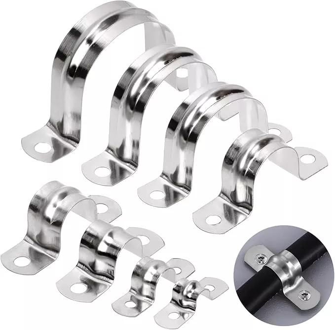 Glarks 50Pcs M8 Pipe Strap Clamp, 304 Stainless Steel 2 Hole Strap Heavy Duty Rigid Pipe Strap U Bracket Tube Strap Cable Clamp Hanger Tension Tube Clip for Pipe Tube Cable Fixing (40mm (1-1/2"))