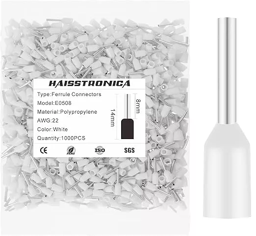 haisstronica 1000PCS Wire Ferrules Connectors,White AWG22 Wire End Ferrule Terminals,Crimp Pin Cord End Terminals