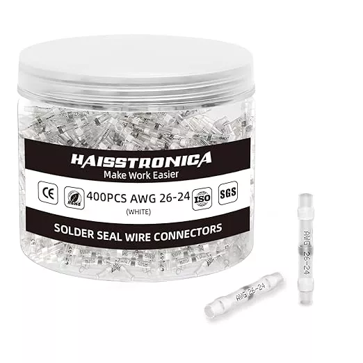 haisstronica 400PCS White Solder Seal Wire Connectors,Waterproof Wire Connectors, Insulate Heat Shrink Butt Connectors for Watercraft,Electrical,Electronics 26-24