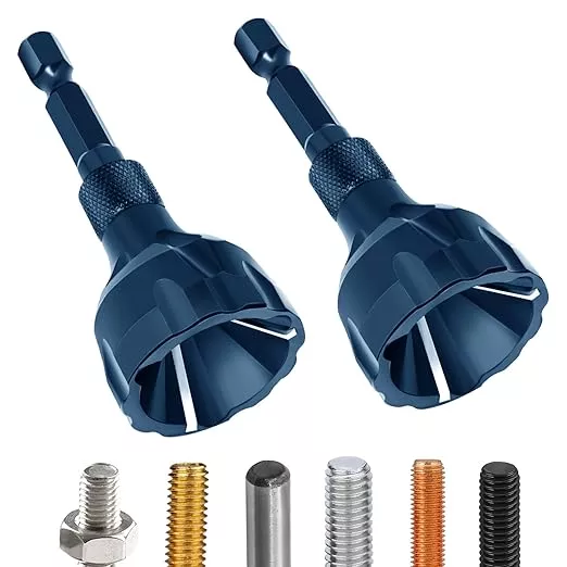 Hakkin 2Pcs Tungsten Carbide Deburring External Chamfer Tool 1/8"-3/4"(3mm-20mm), Deburring Chamfering Drill Bit for Metal, Bolt Thread Repair with Quick Release Hex Shank(Blue)
