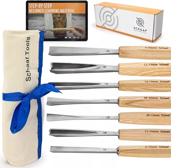 Hand-Sharpened Wood Carving Tools Set of 7 Chisels and Gouges with Canvas Case, Razor Sharp CR-V 60 Steel Woodworking Tools, High-Quality Wood Carving Chisel Set for Beginners from Schaaf Tools