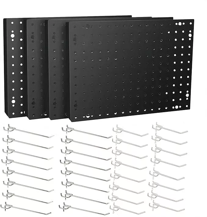 Heavy Duty 4 Panel Metal Peg Board with 32 Sturdy Hooks, Wall Pegs for Garage Organization, Garden Tools, Peg Board Organizer Accessories(Black,32" X 24")