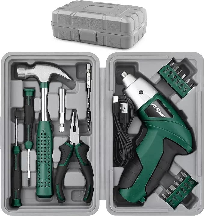 Hi-Spec 19pc 3.6V Green USB Small Power Screwdriver & Home DIY Tool Kit Set. Cordless & Rechargeable Electric Screwdriver and Compact Hand Tool Box Set