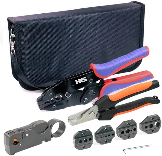 HKS Coax Ratchet Crimping Tool Kit for Coaxial RG Cable RF Connector with 5 Changeable Dies, Rotary Coaxial Cable Stripper/Cutter and Stripper/Cutter Piler