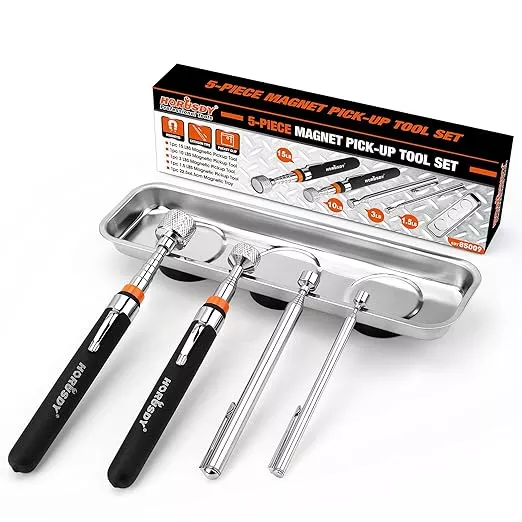 HORUSDY 5-PIECE Magnetic Pickup Tools Set, Include 15LB, 10LB, 3LB, 1.5LB Magnet Sticks, Rust-Proof Magnetic Tray, Telescoping Design for Mechanics, Automotive, DIY, Gifts for Men, Dad, Husband