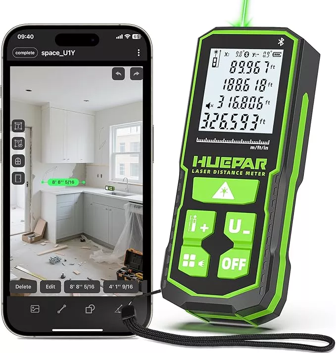 Huepar 330Ft Green Laser Measurement Tool with APP Control, Rechargeable Bluetooth Distance Meter ±1/16" High Accuracy, Angle Sensor, Multiple Modes, IP54 Waterproof Durable for Home & Construction