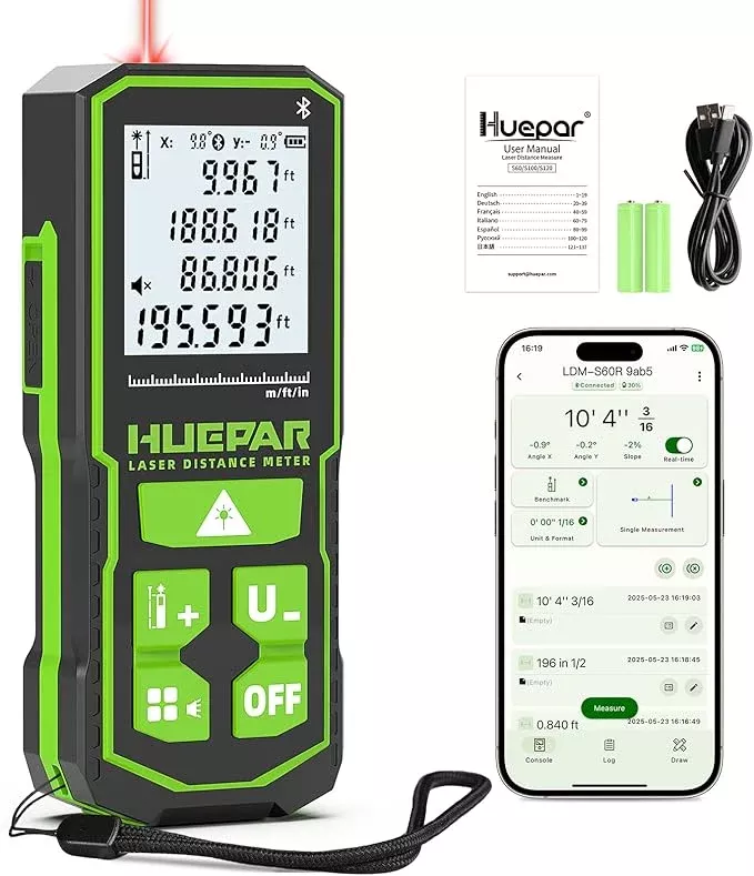 Huepar Laser Distance Measure 200Ft. Digital Rechargeable Laser Measuring Tool with Bluetooth -Phone APP, 1/16in Accuracy, Angle Sensor, M/in/Ft Unit, Pythagorean Mode, Measure Distance, Area, Volume