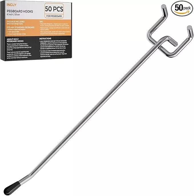 INCLY 50 Pack Pegboard Hooks, 6 Inch Metal Peg Board Shelving Hooks Accessories, Peg Board Tool Hangers Fit for 1/8“ and 1/4" Pegboard Hanging Tools for Garage, Craft Room, Kitchen, Store