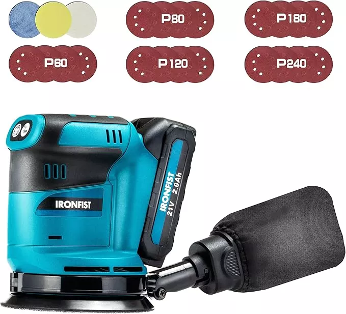 IRONFIST Random Orbit Sander, 5inch Sander Compatible with MAKITA 18V Batteries, 3 Speed 7000/9500/11000opm Adjustable with Dust Bag, Include 2000mAh Battery & Charger & 23pcs Accessories