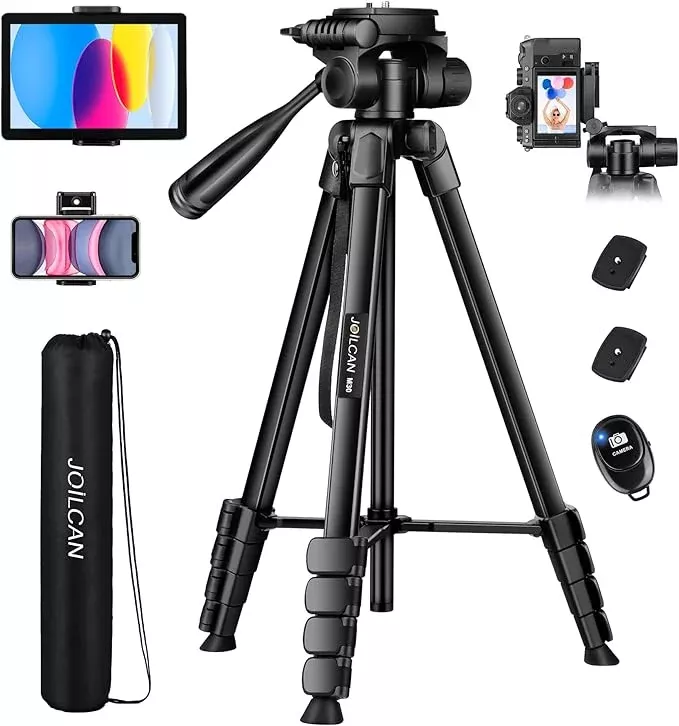 JOILCAN Camera Tripod, 68" Tablet Tripod Stand for Phone Cameras, Travel Tripods Compatible with iPad iPhone DSLR SLR Projector, Cell Phone Tripods Stand with Remote/Travel Bag / 2 in 1 Mount