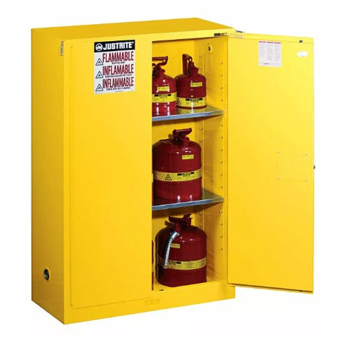 Justrite 45 Gallon, 2 Shelves Self-Close Yellow Flammable Cabinet 894520