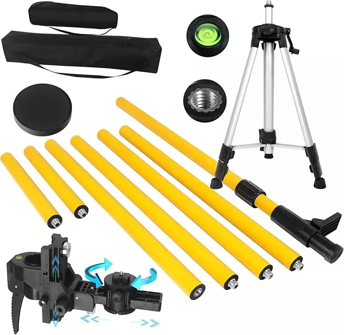 Laser Level Pole with Tripod, 13.8 Ft./4.2M Telescoping Pole&3.9 foot/1.2M retractable tripod,With 5/8&1/4 interface screws (6.25 inches/2.36 inches) thread for Rotary and Line Lasers
