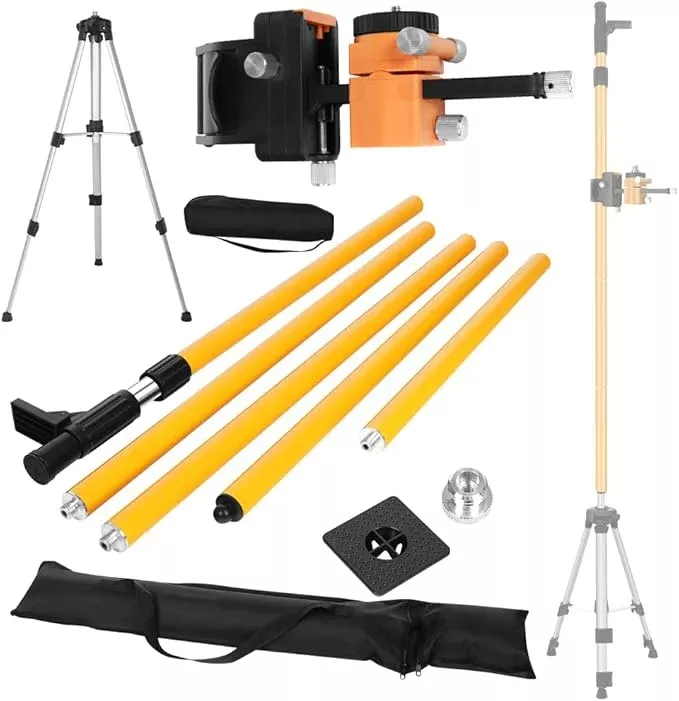 Laser Level Pole with Tripod with multifunctional gimbal,13.8 Ft./4.2M Pole &3.9 foot/1.2M retractable tripod with 5/8 and 1/4 conversion screws, for Rotary and Line Laser Level