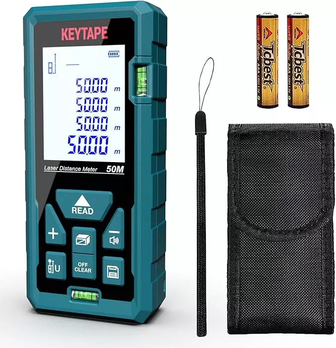 Laser Measure 328ft KEYTAPE Laser Distance Measure with Real Time, Upgraded M/in/FT/FT+in Unit Switching Backlit LCD and Pythagorean Mode, DT100 Portable Handle Digital Measurement Tool Range Finder