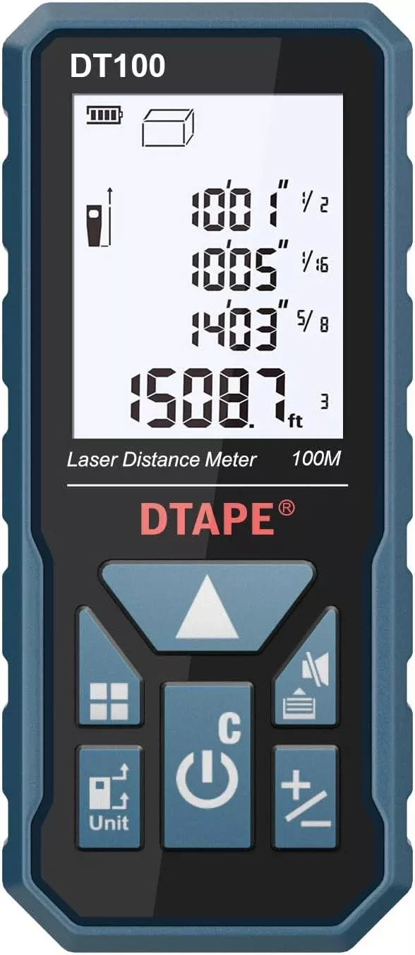 Laser Measure, DTAPE 330 Ft Digital Laser Distance Meter, Upgraded High-Accuracy Laser Measuring Tool, Electronic Tape Measure, 2" Backlit LCD Display, Area/Volume/Indirect Measurement, in/Ft/Ft+in/M