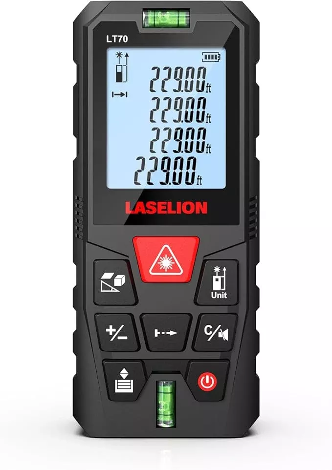 LT70 Laser Distance Meter – 70m (229ft) Range, High Accuracy, Multiple Measurement Modes, Built-in Level Bubble, Handle Laser Distance Measurement Tool，Mute Function (229ft)