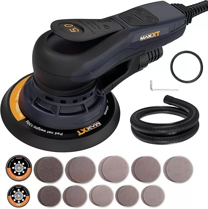 MAXXT Electric 5mm Random Orbital Sander, Palm Sander with Brushless Motor, 5&6Inch Sanding Pads, Central Vacuum, Sanders for Woodworking, Primary Wood and Panel Processing