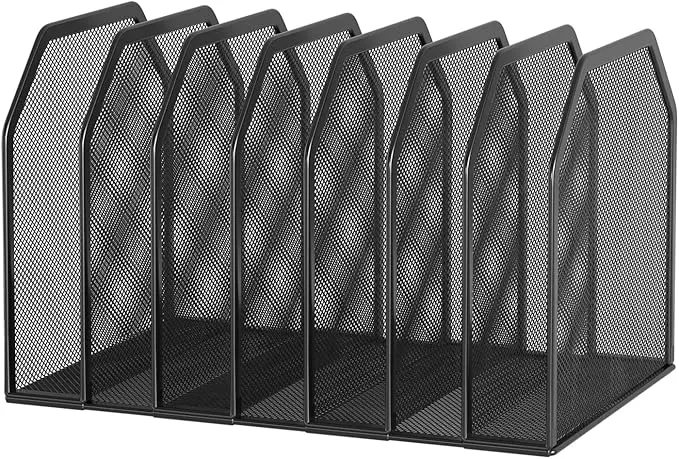 Metal 7 Section File Folder Organizer for Desk | Vertical Office File Holder | Heavy-Duty Mesh Document Sorter for Books, Binders, Laptops | White Desk Organizer (12.8”x8.5”x7.9”)
