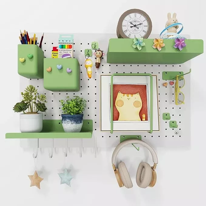 Metal Pegboard Kit — Carbon Steel Pegboards with 26 Accessories, Pegboard Wall Organizer for Home, Office, Study Room, Kitchen, Craft Room & Gaming Setup— 24″ × 16″ Green Peg Board