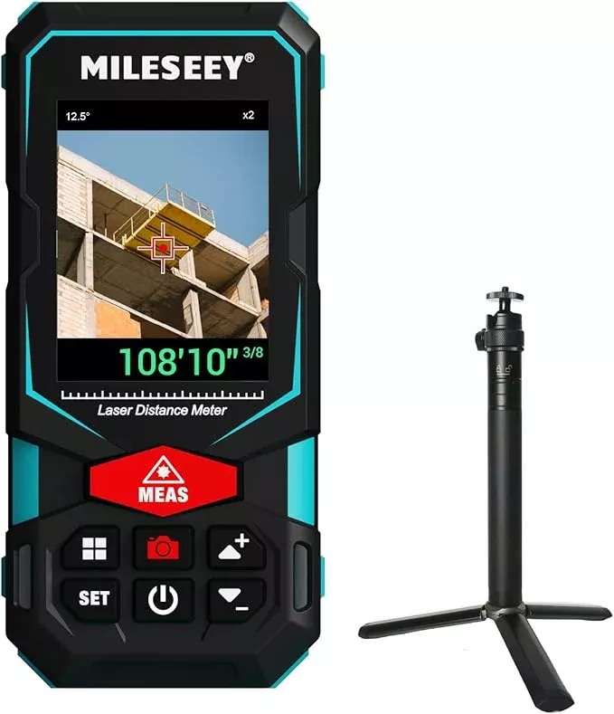 MILESEEY 330Ft Outdoor Laser Measure with Camera Viewfinder, Includes Adjustable Aluminum Tripod with Portable Handle and Protection Case for Protection and Organization