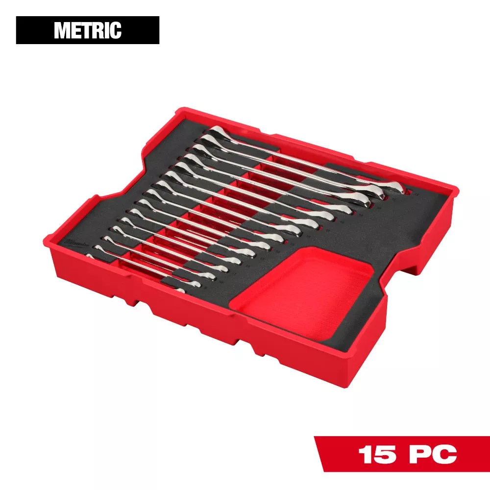 Milwaukee 15pc. Metric Ratcheting Combination Wrench Set with Tray for PACKOUT Drawers 48-22-0156