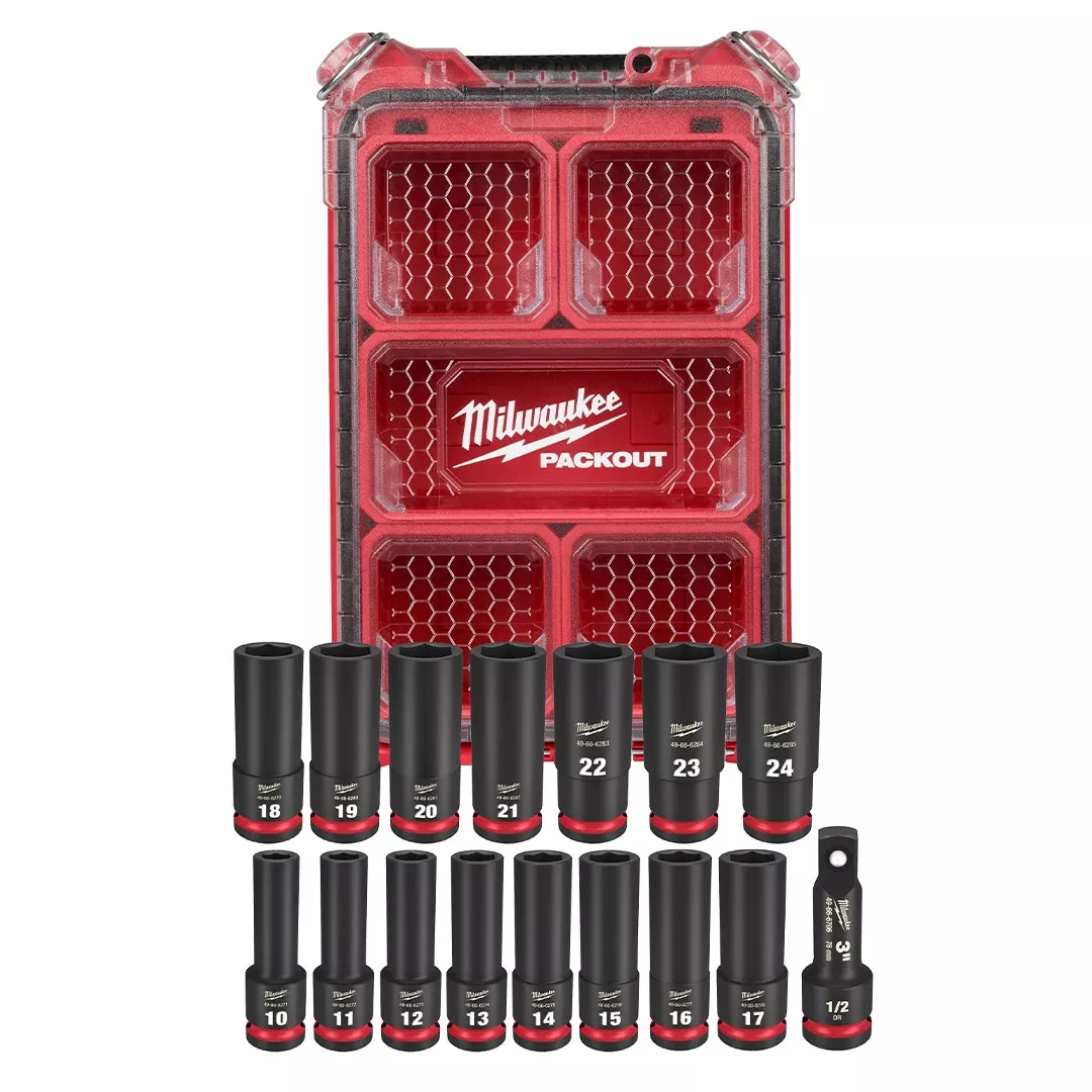 Milwaukee 16 Piece SHOCKWAVE Impact Duty 1/2" Drive Metric PACKOUT Deep Socket Set 49-66-6803