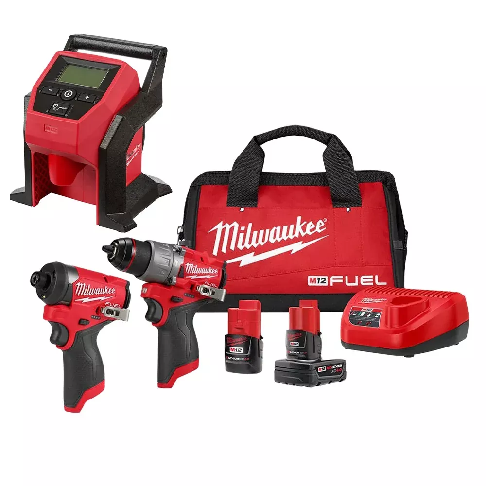 Milwaukee 3497-22 M12 FUEL 1/2-in. Drill Driver and 1/4-in. Hex Impact Driver with Compact Tire Inflator 2.0Ah / 4.0Ah Combo Kit
