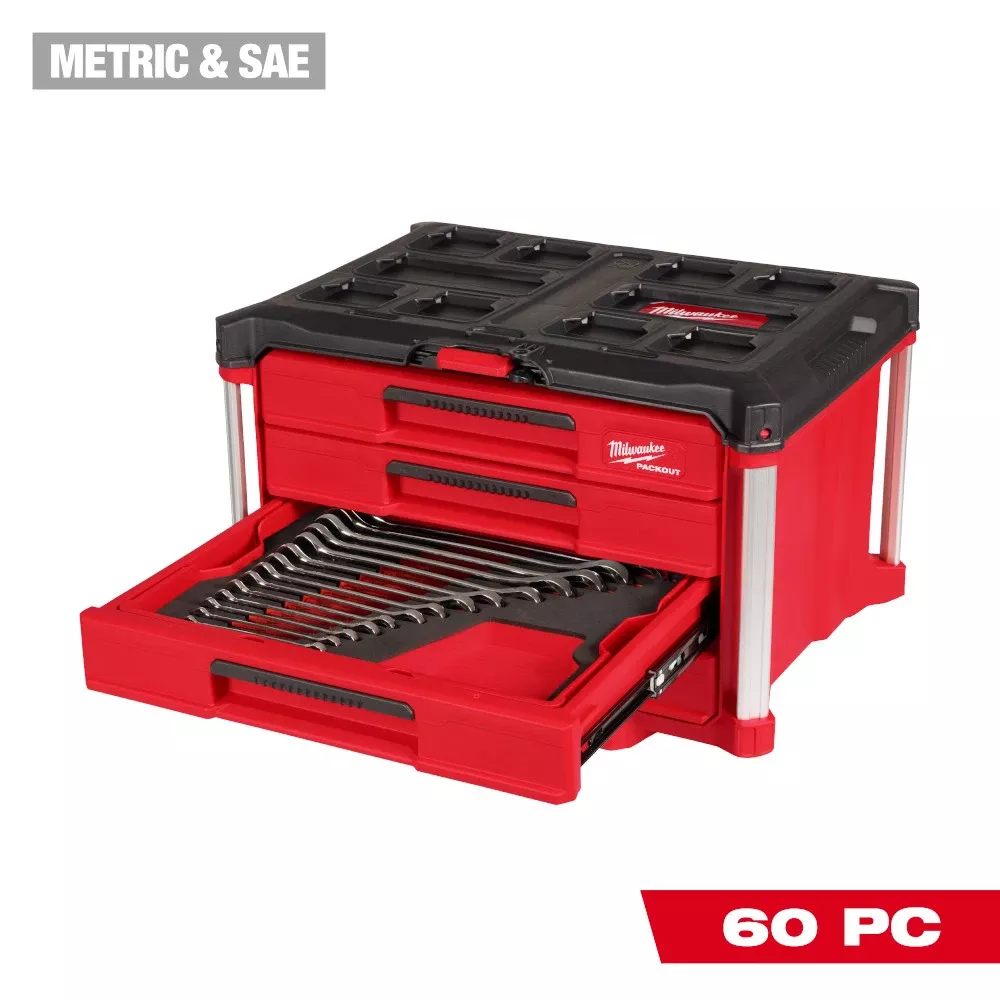 Milwaukee 60pc. Metric & SAE Combination Wrench Set with PACKOUT 4 Drawer Tool Box 48-22-9492