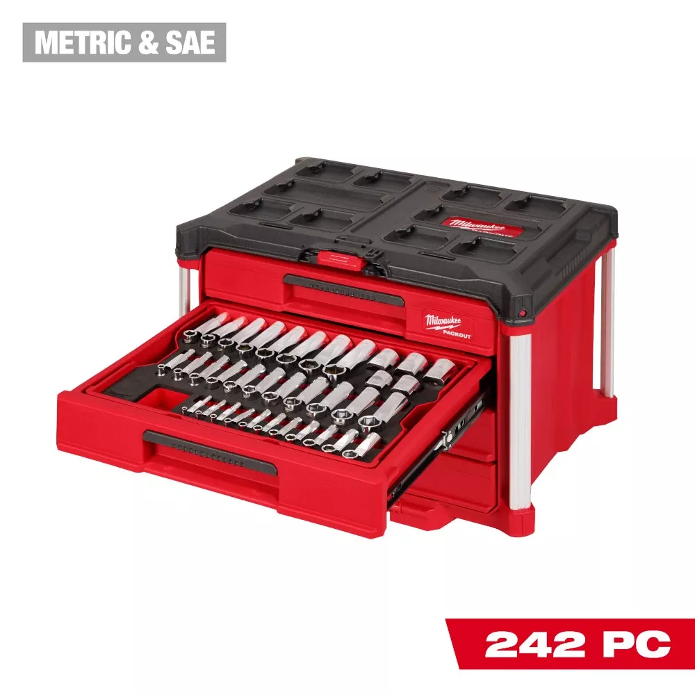 Milwaukee Tools 242pc. 1/4”, 3/8”, & 1/2” Drive Metric & SAE Ratchet & Socket Set with PACKOUT™ 4-Drawer Tool Box 48-22-9491