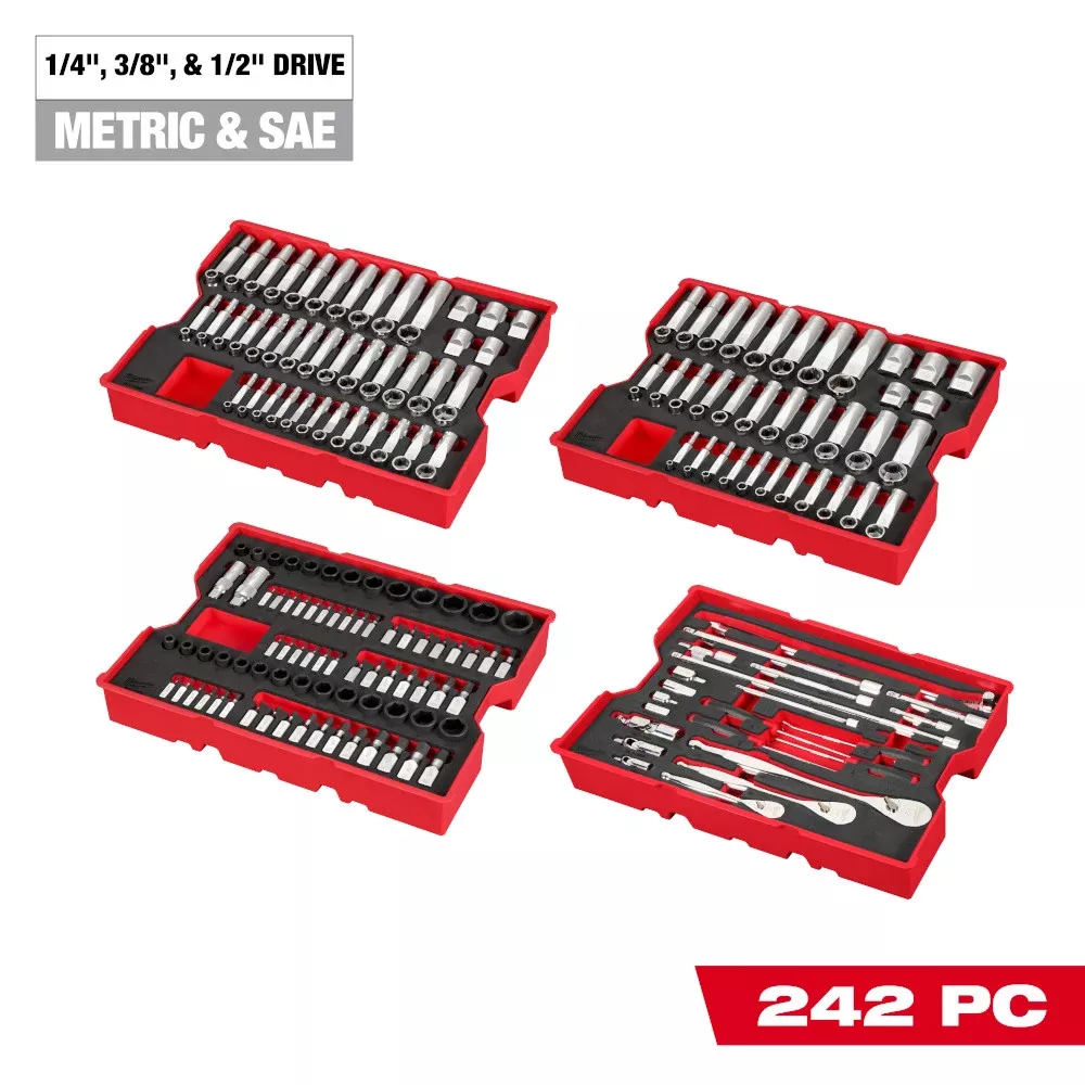 Milwaukee Tools 242pc. 1/4”, 3/8”, & 1/2” Drive Metric & SAE Ratchet & Socket Set with Trays for PACKOUT™ Drawers 48-22-9490