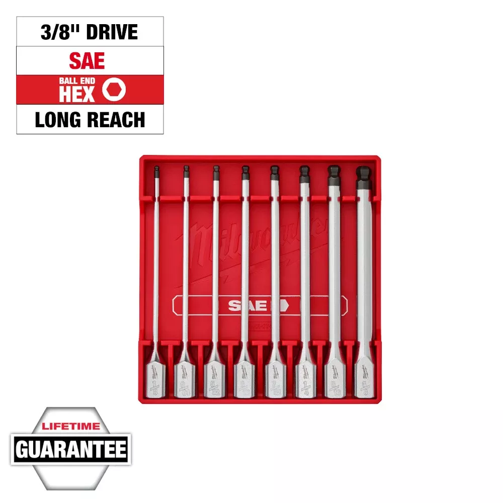 Milwaukee Tools 3/8” Drive Long Ball End Hex Bit Socket Set - SAE (8-Piece) 48-22-9549