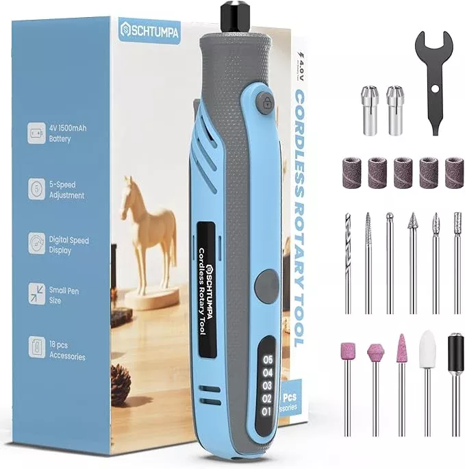 Mini Cordless Rotary Tool, 4V Rotary Tools with Speed Memory, Rotary Tool Kit with 18 Accessories Including Upgraded Sanding Belt, Small Rotary Tool with Rubber Handle for Long-term Creation