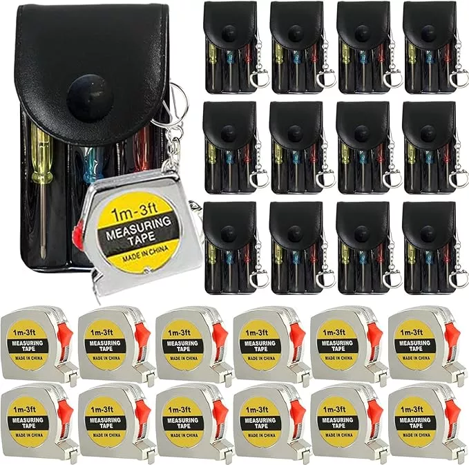Mini Screwdriver Keychain Tape Measure Keychains Set Retractable Keychain Tape Measure Mini Screwdrivers in Pouch Keychain for Birthday Party Favors and Daily Use, 1 m/ 3 ft (24 Pcs)
