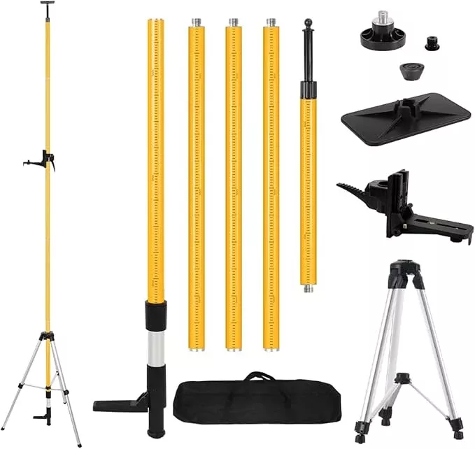 MOETER Telescoping Laser Level Pole Kit - 12Ft./3.6M Adjustable Pole with Tripod, Spring-Loaded Base & Mount for Rotary/Line Lasers (1/4"-20 & 5/8"-11 Adapters)
