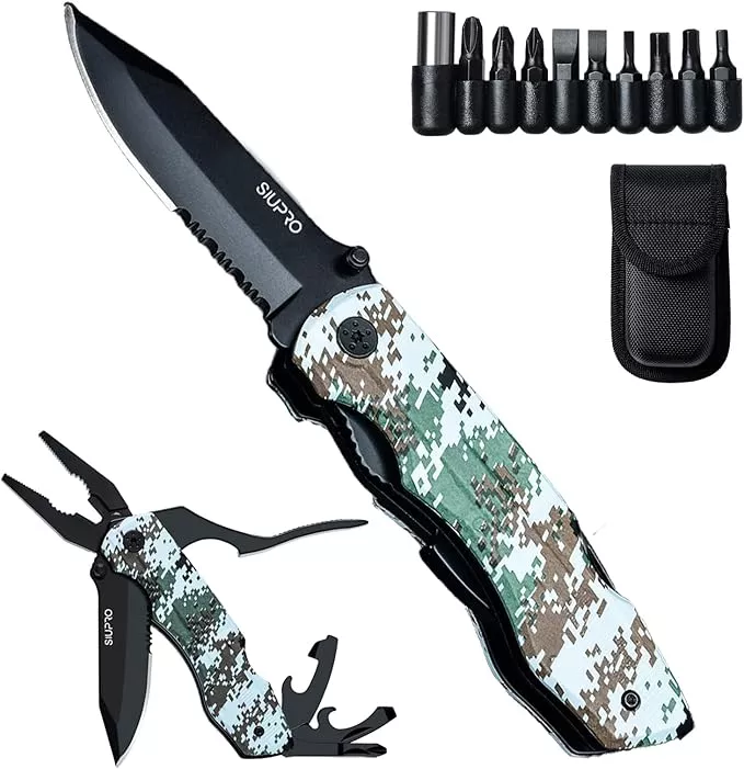 Multitool Pocket Knife Set for Men, Multipurpose 9-in-1 screwdriver kit, Multi Tool Pliers for Camping, Survival with Nylon Sheath, Gifts Idea, Camo