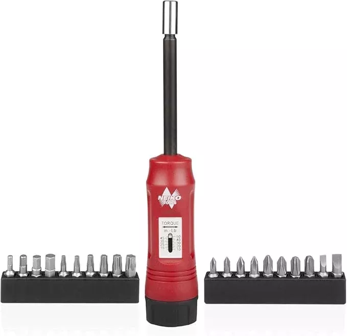 NEIKO 10573B 1/4” Torque Screwdriver Set, 20 Hex Bits, 10 to 50 In-Lbs, Long Shank Screwdriver Torque Wrench, Adjustable Inch-Pound Torque Screwdriver for HVAC and Gunsmiths