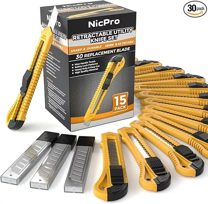 Nicpro 15 Pack Utility Knives with 30 PCS Extra Blades, Plastic Box Cutters Bulk Retractable Razor Knife Snap Off Blades 18mm for Heavy Duty Office, Home, Arts Crafts, Hobby