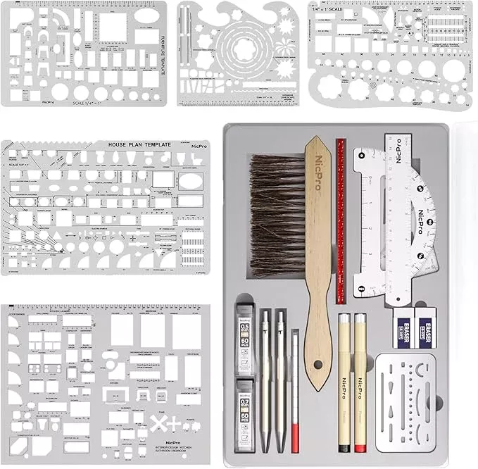 Nicpro 21PCS Professional Drafting Tools & Geometry Set with Case, Architect Compass & Protractor Set, Metal Pencils, Pens, Scale Ruler Metal Ruler, 5 Drawing Templates for Interior House Plan Design