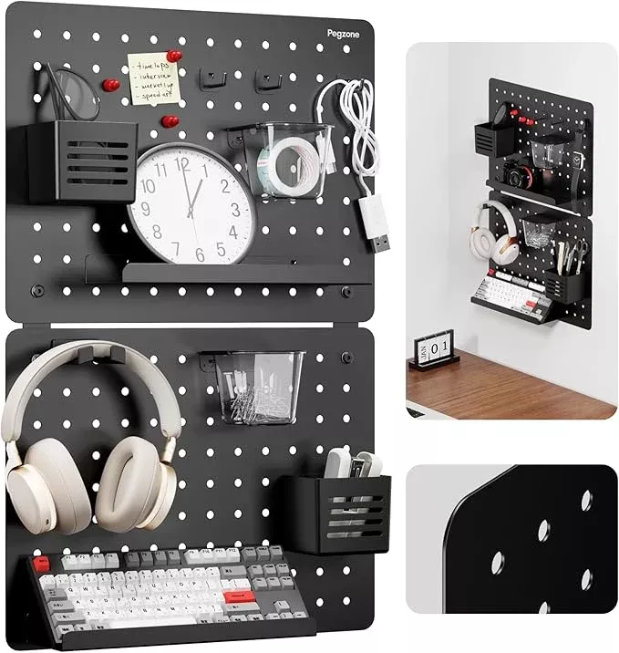 Pegboard Wall Organizer Combination Kit, Overall 25.4"x16.6" Metal Office Pegboard with 13 Accessories, Wall Mounted Peg board Display Panels for Home, Gaming Room, Garage (2Pcs,White)