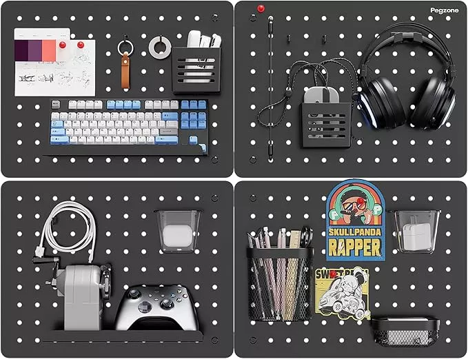 Pegboard Wall Organizer Combination Kit,Overall 33.1"x25.4" Metal Office Pegboard with 21 Accessories, Wall Mounted Peg board Display Panels for Home, Gaming Room, Garage (4Pcs,Black)
