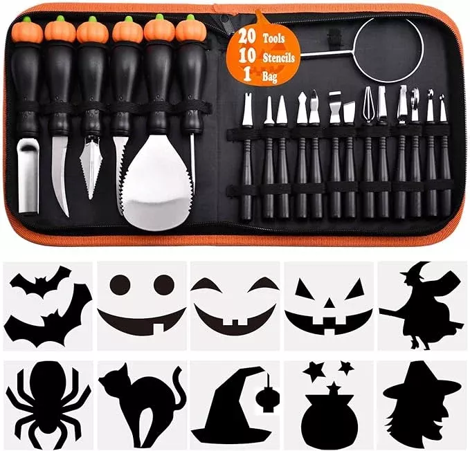 Pumpkin Carving Kit Heavy Duty Stainless Steel Tools with Carrying Case (Total 31 Pieces) Pumpkin Carver Pumpkin Sculpting Set Halloween Party Decorating with pumpkin gutter (Light cyan)