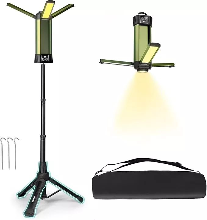 Rechargeable Camping Light with Stand 6000mAh 3.9 ft Max Height, Cordless Camping Lights with 3 LED Lamp Heads, 2000 Lumens Dimmable Magnetic Emergency Flashlight with Detachable Tripod(Green-M)